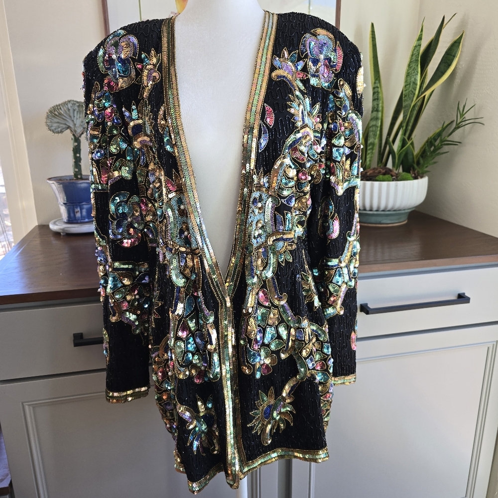 Vintage Judith Ann Silk Beaded Sequin Jacket Jewel Tone Excellent Condition